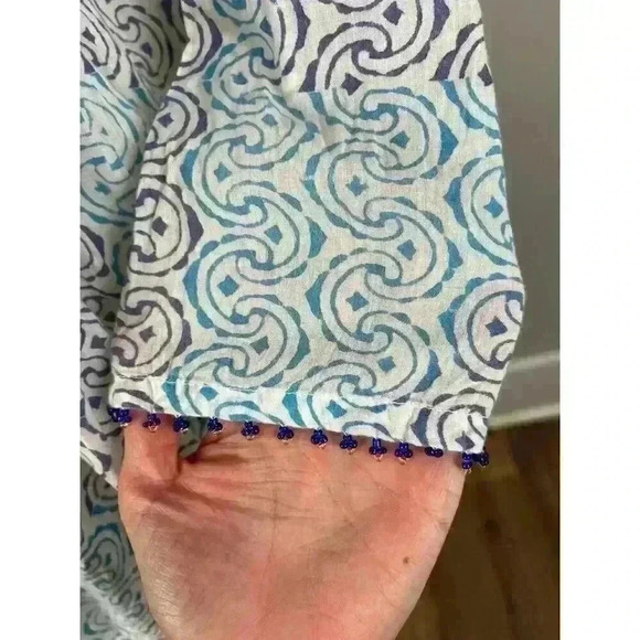 Roberta Roller Rabbit Geometric Blue Beaded Blouse V Neck 3/4 Sleeve Women's S - Picture 5 of 14